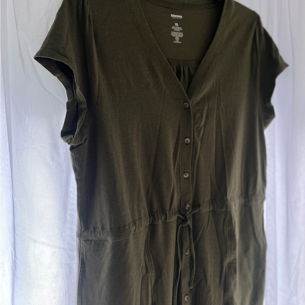 Women’s x large Sonoma Dark Green V-Neck dress midi drawstring short sleeve